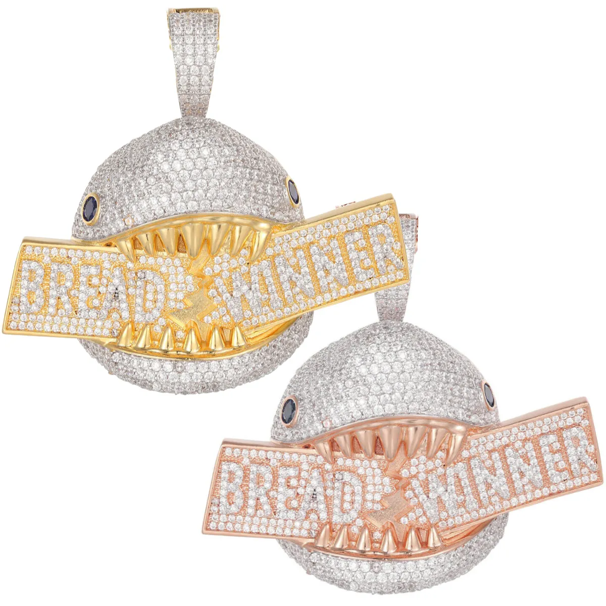 Custom Bread Winner Hungry Shark Simulated Diamond  Pendant With Chain