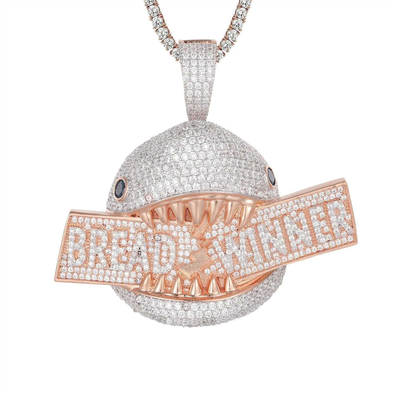 Custom Bread Winner Hungry Shark Simulated Diamond  Pendant With Chain
