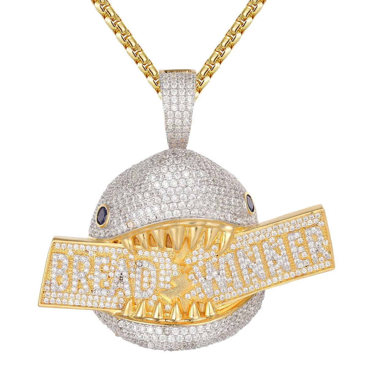 Custom Bread Winner Hungry Shark Simulated Diamond  Pendant With Chain