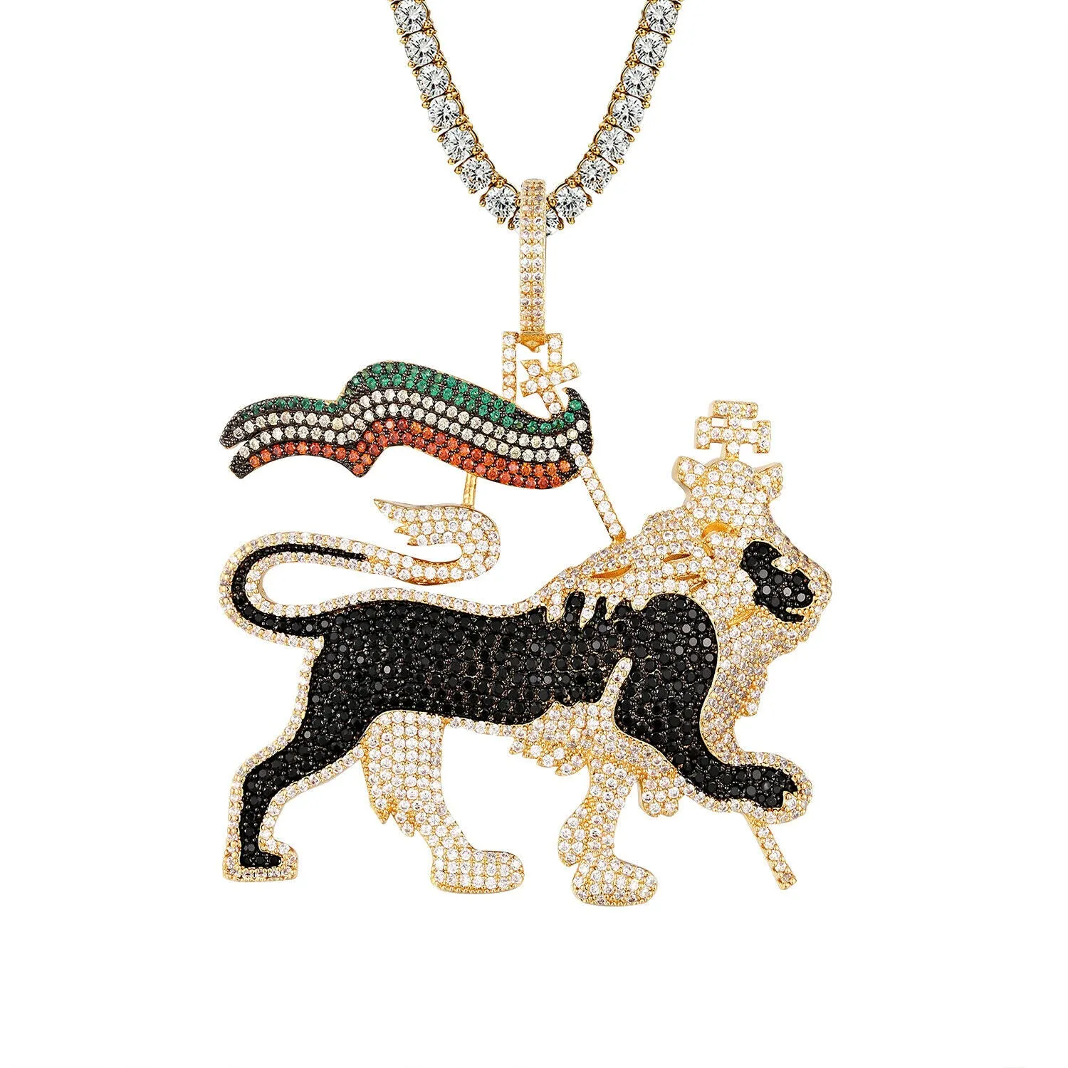 Custom  Ethiopian Lion  Simulated Diamond  Pendant With Chain