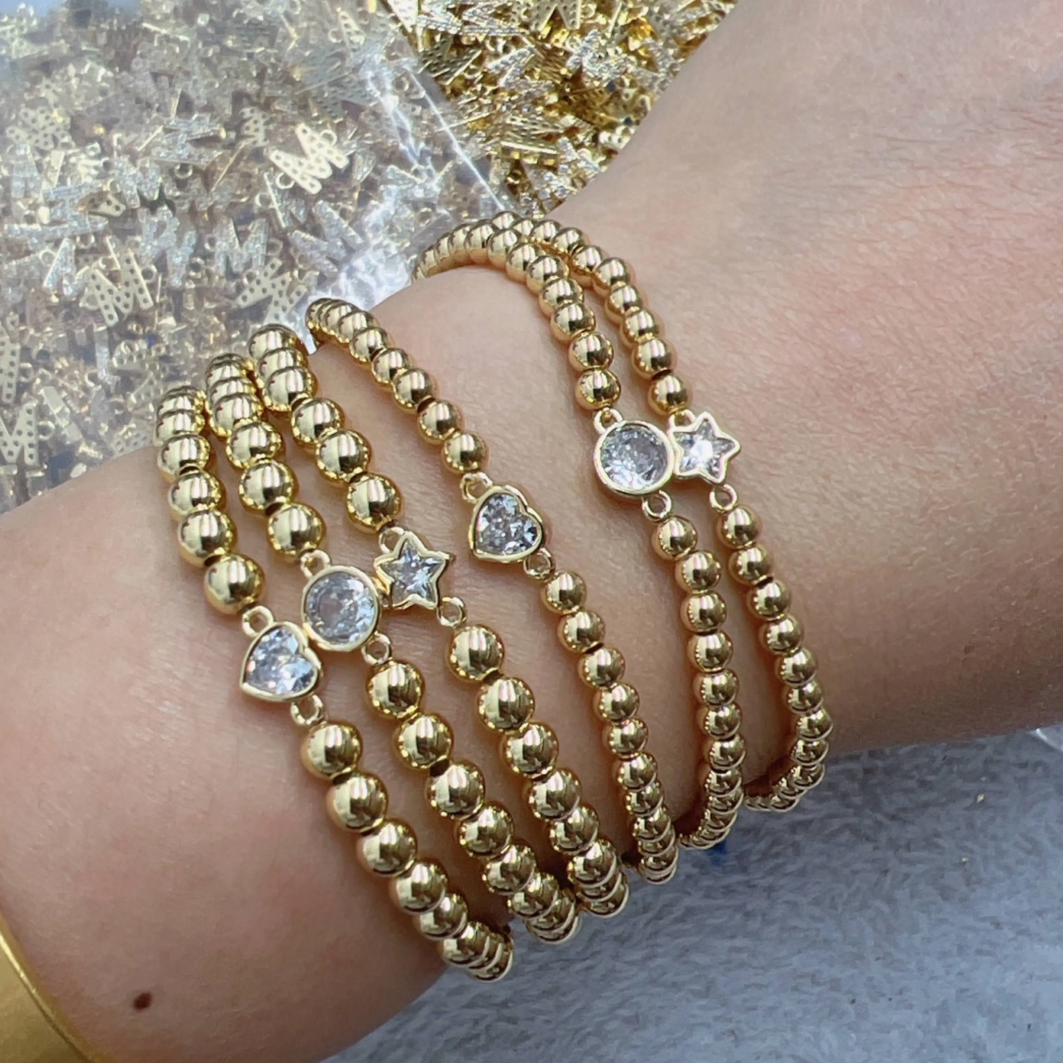 CZ Star Stretch 5 mm Beaded Bracelet - 14k Gold Plated