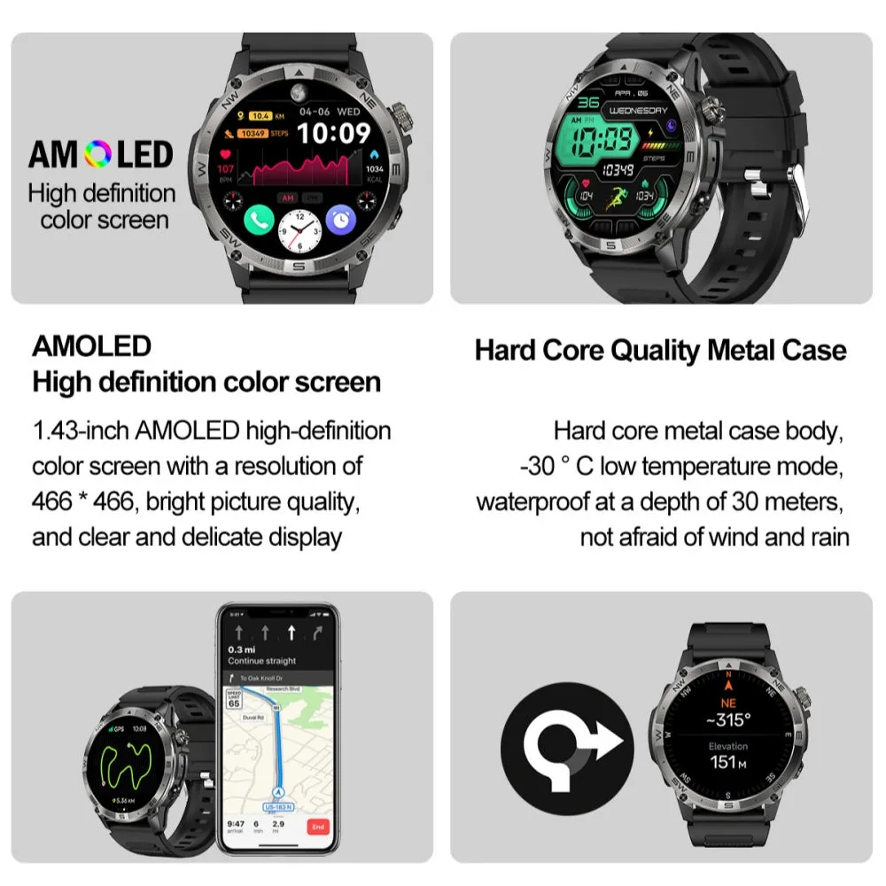 Dateoy Rugged Explorer Smart Watch – AMOLED Display, Built-in GPS,Compass Altitude, & Multidimensional Health Management, Long Battery Life