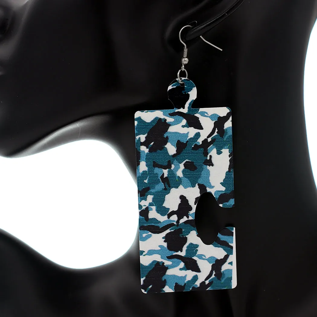 Denim Blue Camo Puzzle Piece Rectangular Earrings