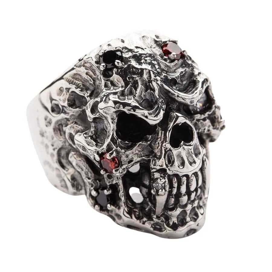 Diamond Eyes Vampire Skull Sterling Silver Ring