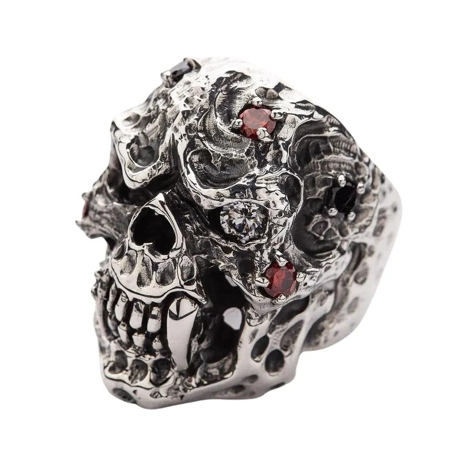 Diamond Eyes Vampire Skull Sterling Silver Ring