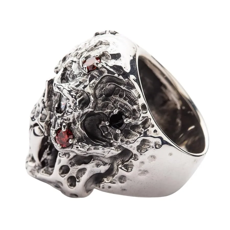 Diamond Eyes Vampire Skull Sterling Silver Ring