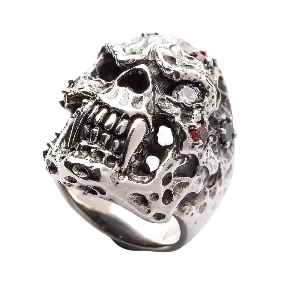 Diamond Eyes Vampire Skull Sterling Silver Ring