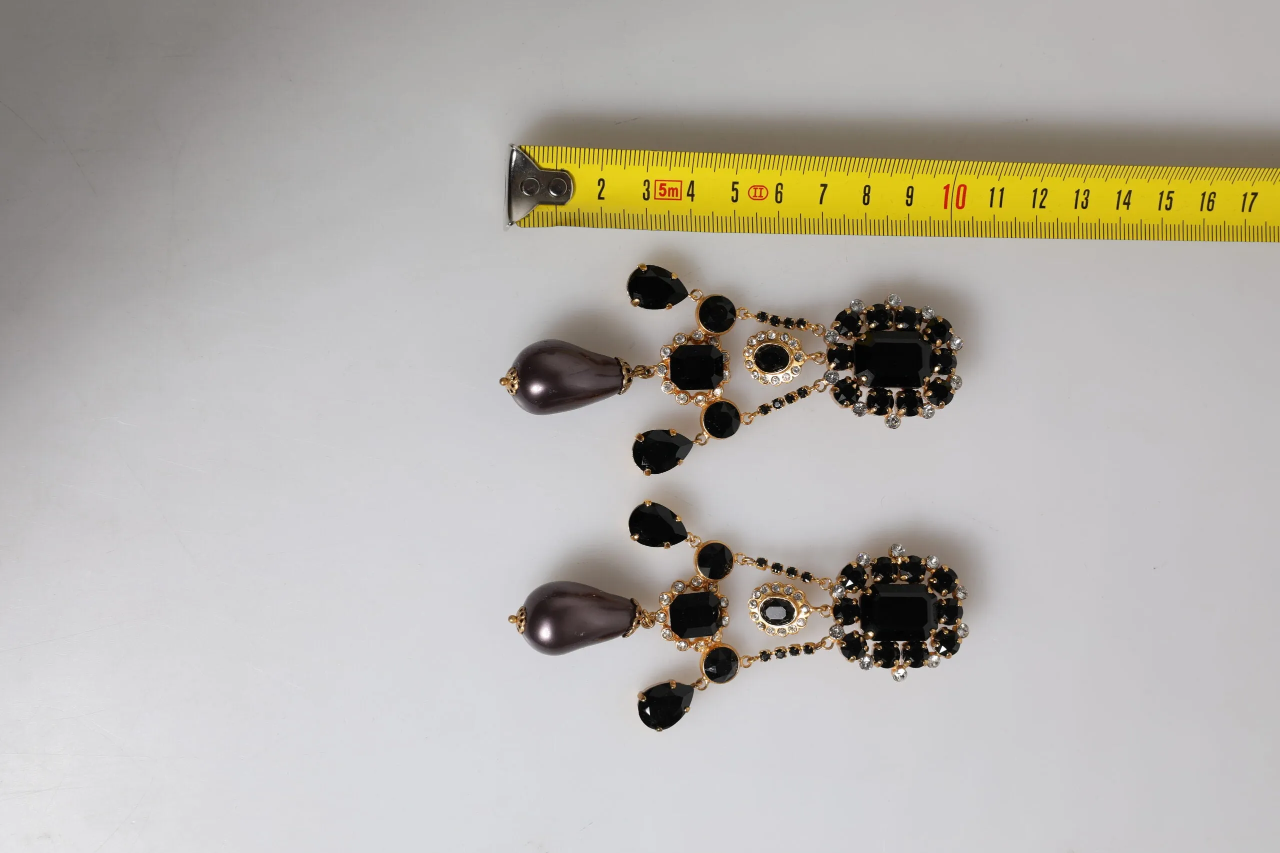 Dolce & Gabbana Gold Tone Brass Black Crystal Clip On Dangling Earrings