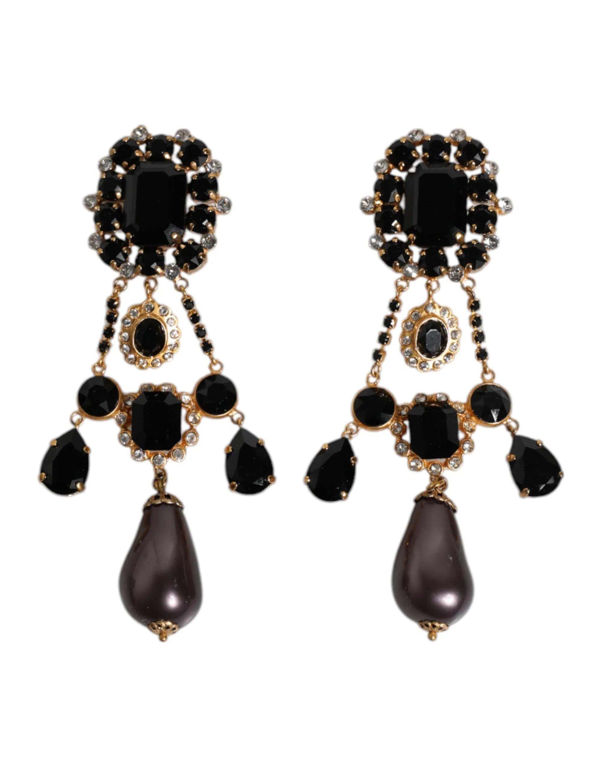 Dolce & Gabbana Gold Tone Brass Black Crystal Clip On Dangling Earrings