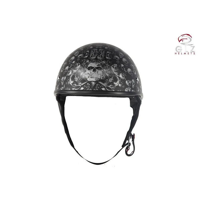 DOT Low Profile Flat Black Motorcycle Helmet With Skulls Graphic