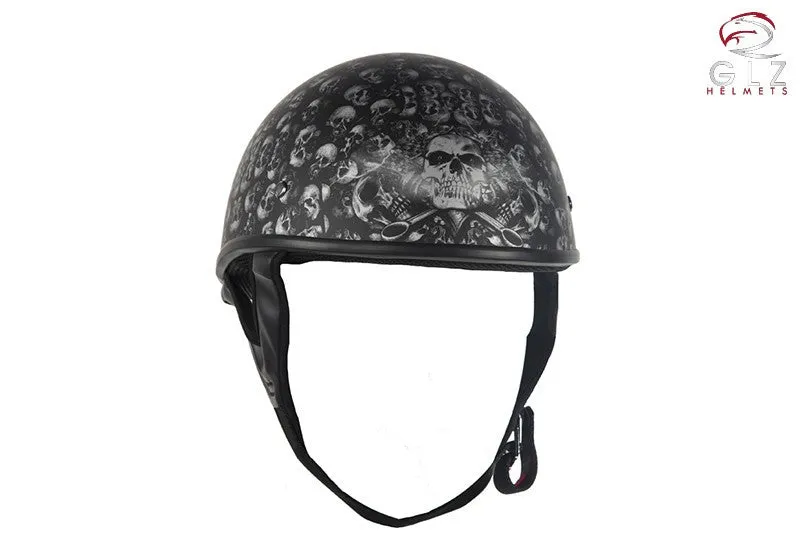 DOT Low Profile Flat Black Motorcycle Helmet With Skulls Graphic