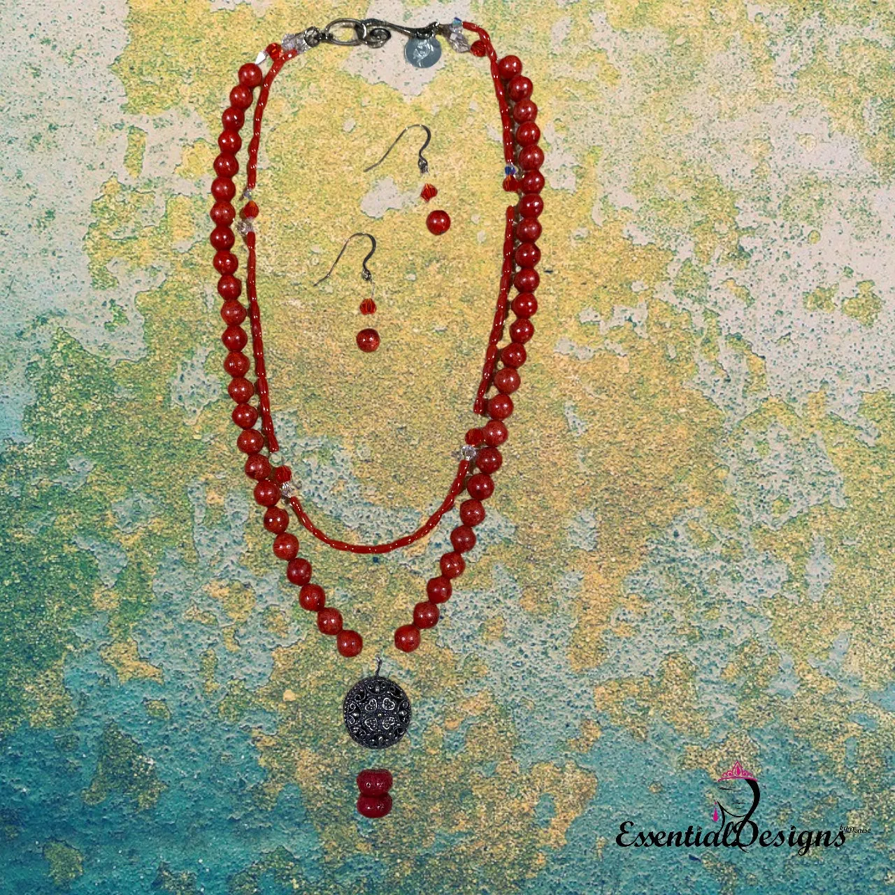 Double Strand Sponge Coral Necklace and Earrings  #19002