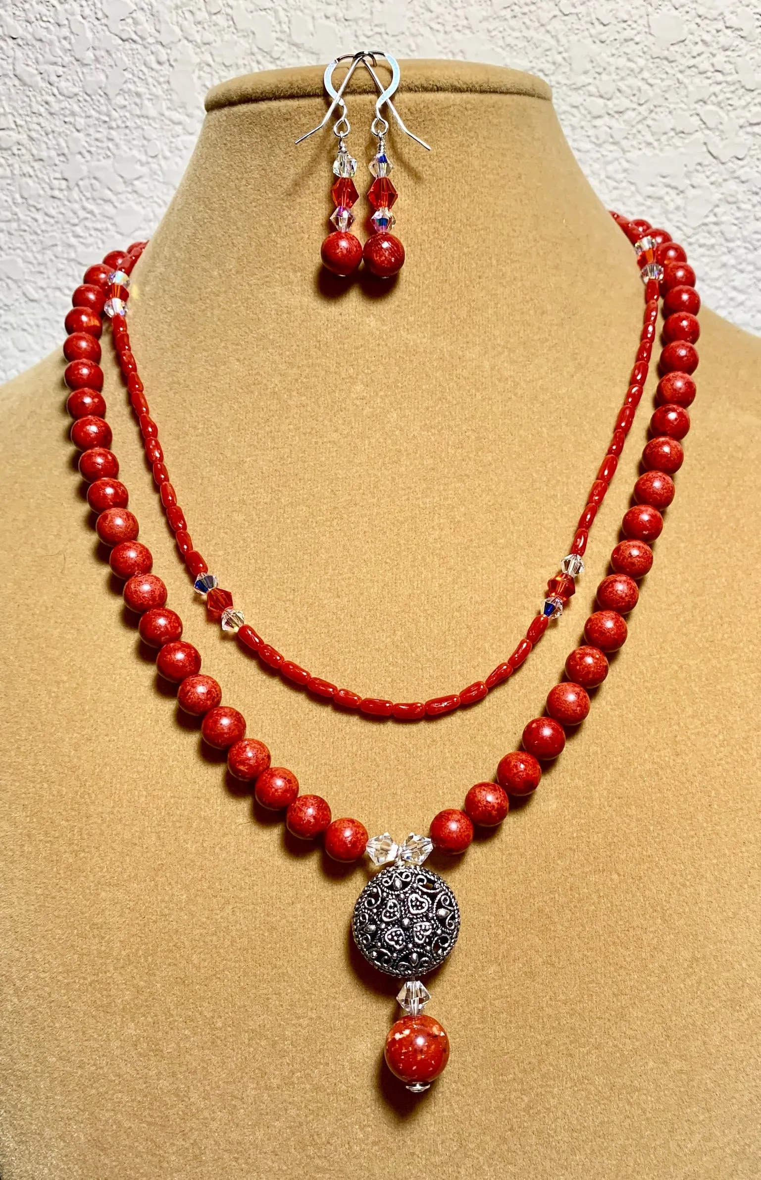 Double Strand Sponge Coral Necklace and Earrings  #19002