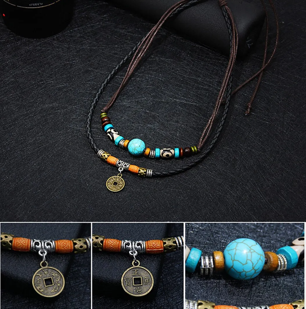 Dual Layer Vintage Charm Leather Necklace