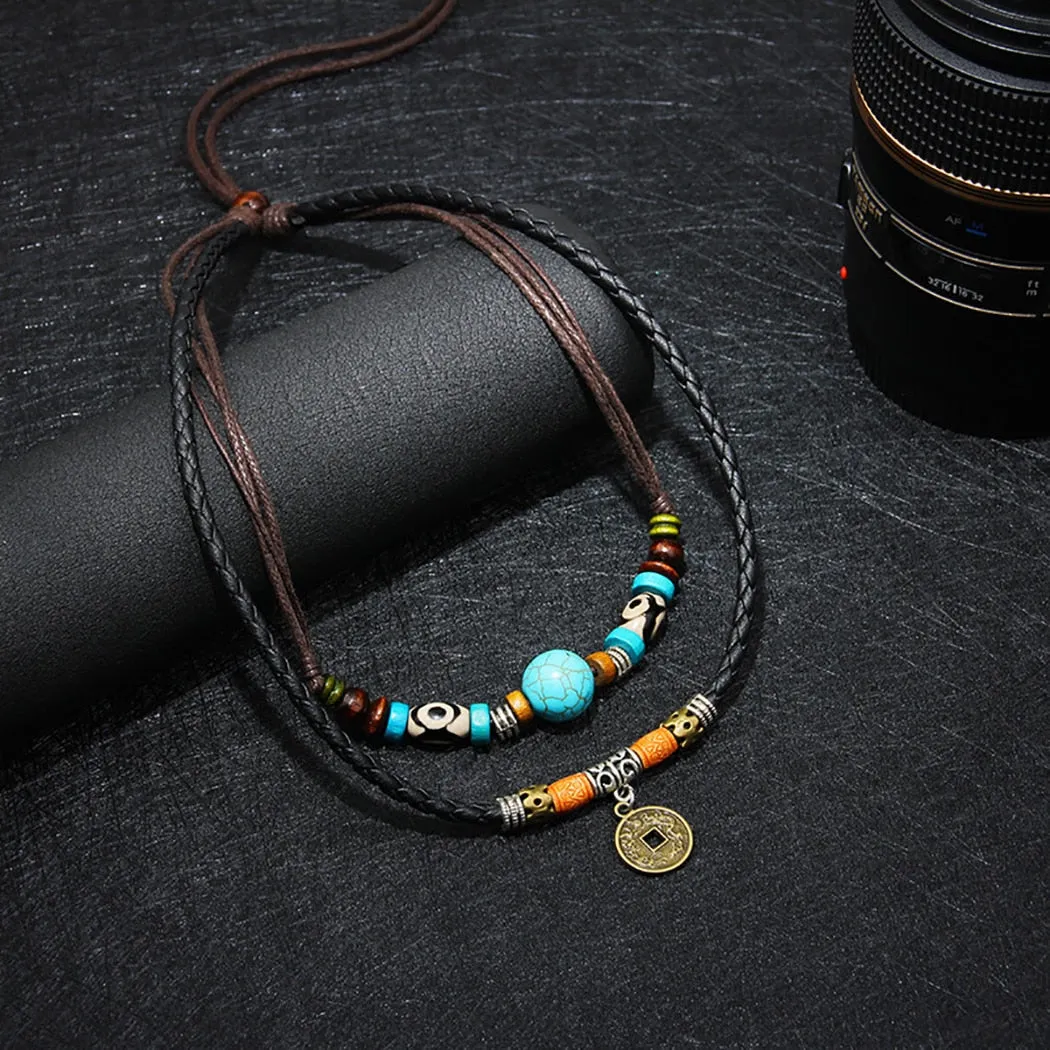 Dual Layer Vintage Charm Leather Necklace