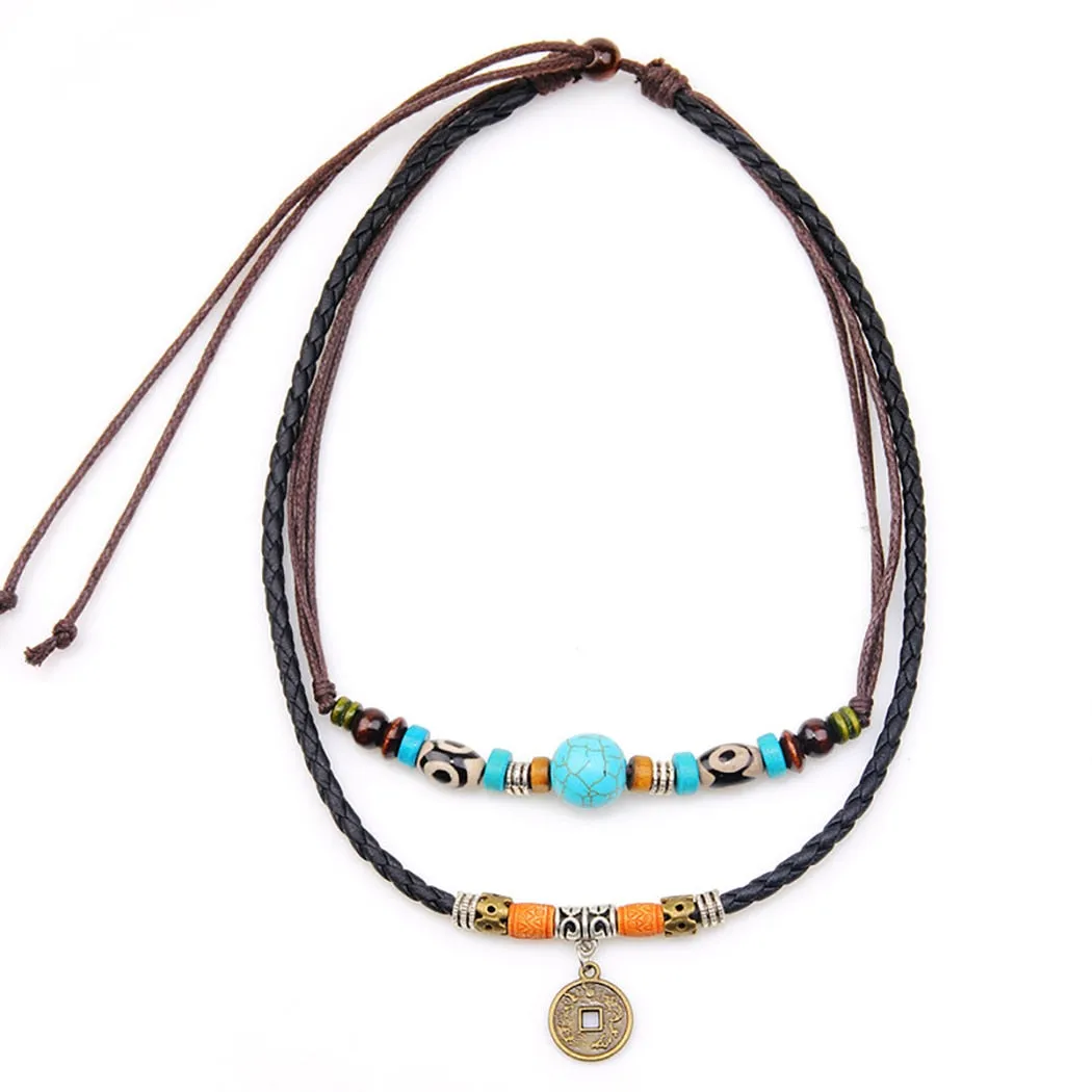 Dual Layer Vintage Charm Leather Necklace
