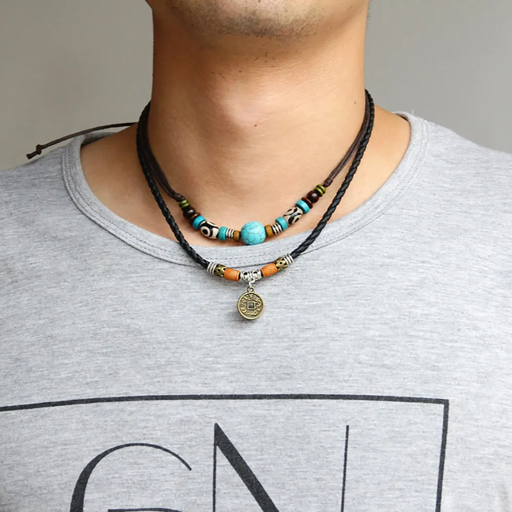 Dual Layer Vintage Charm Leather Necklace