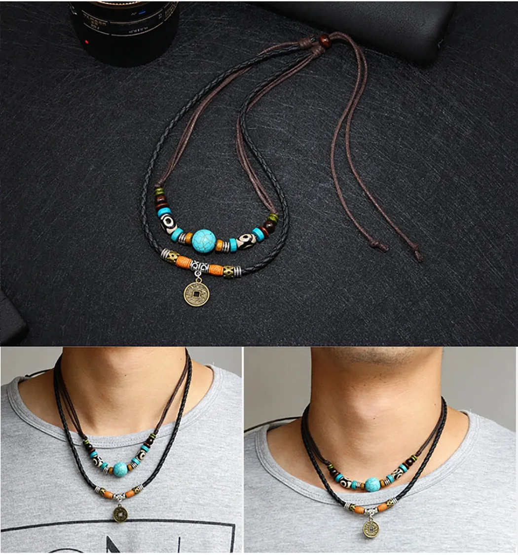Dual Layer Vintage Charm Leather Necklace