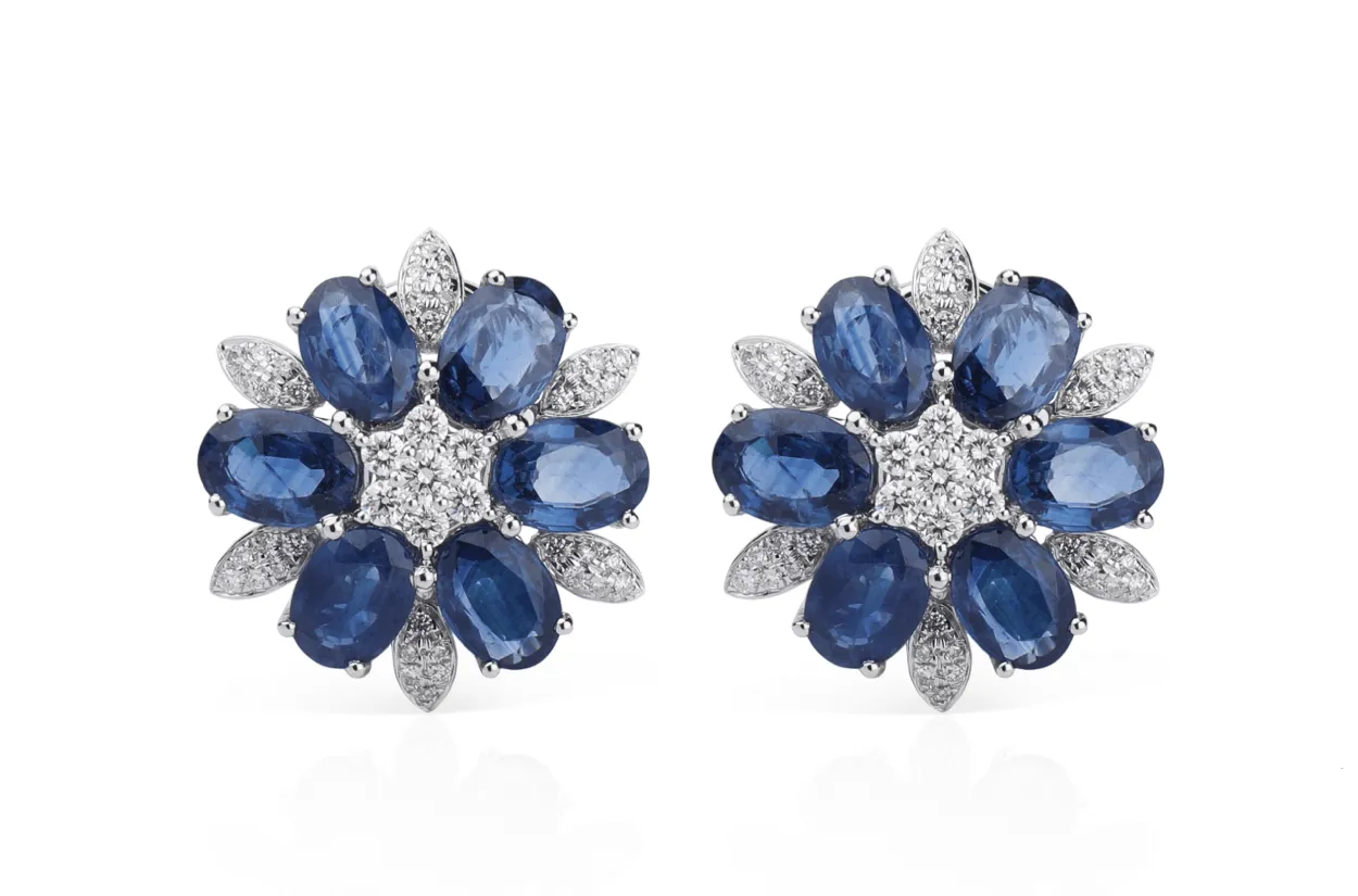Earrings Flowers with Blue Sapphires & Diamonds