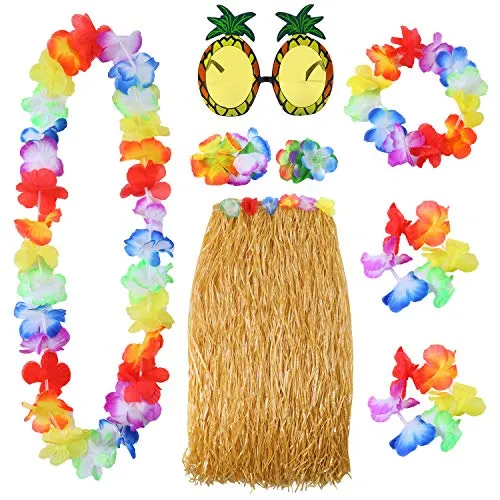 Elcoho 8 Pieces Grass Skirt Sunglasses Leis Necklace Bracelet Set Luau Decorations for Kids and Adults