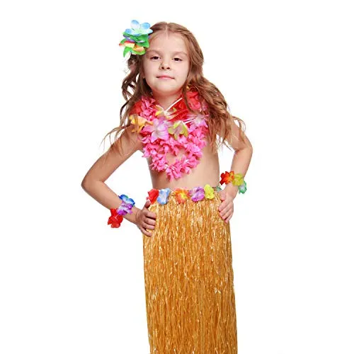Elcoho 8 Pieces Grass Skirt Sunglasses Leis Necklace Bracelet Set Luau Decorations for Kids and Adults