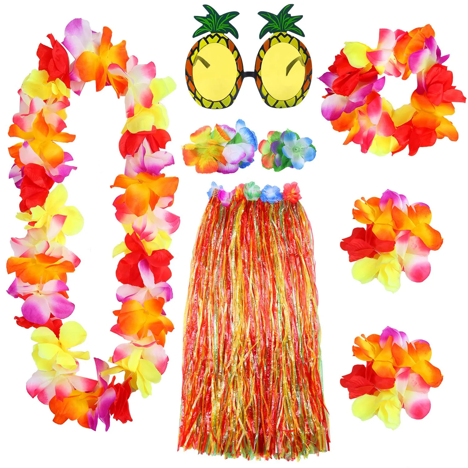 Elcoho 8 Pieces Grass Skirt Sunglasses Leis Necklace Bracelet Set Luau Decorations for Kids and Adults