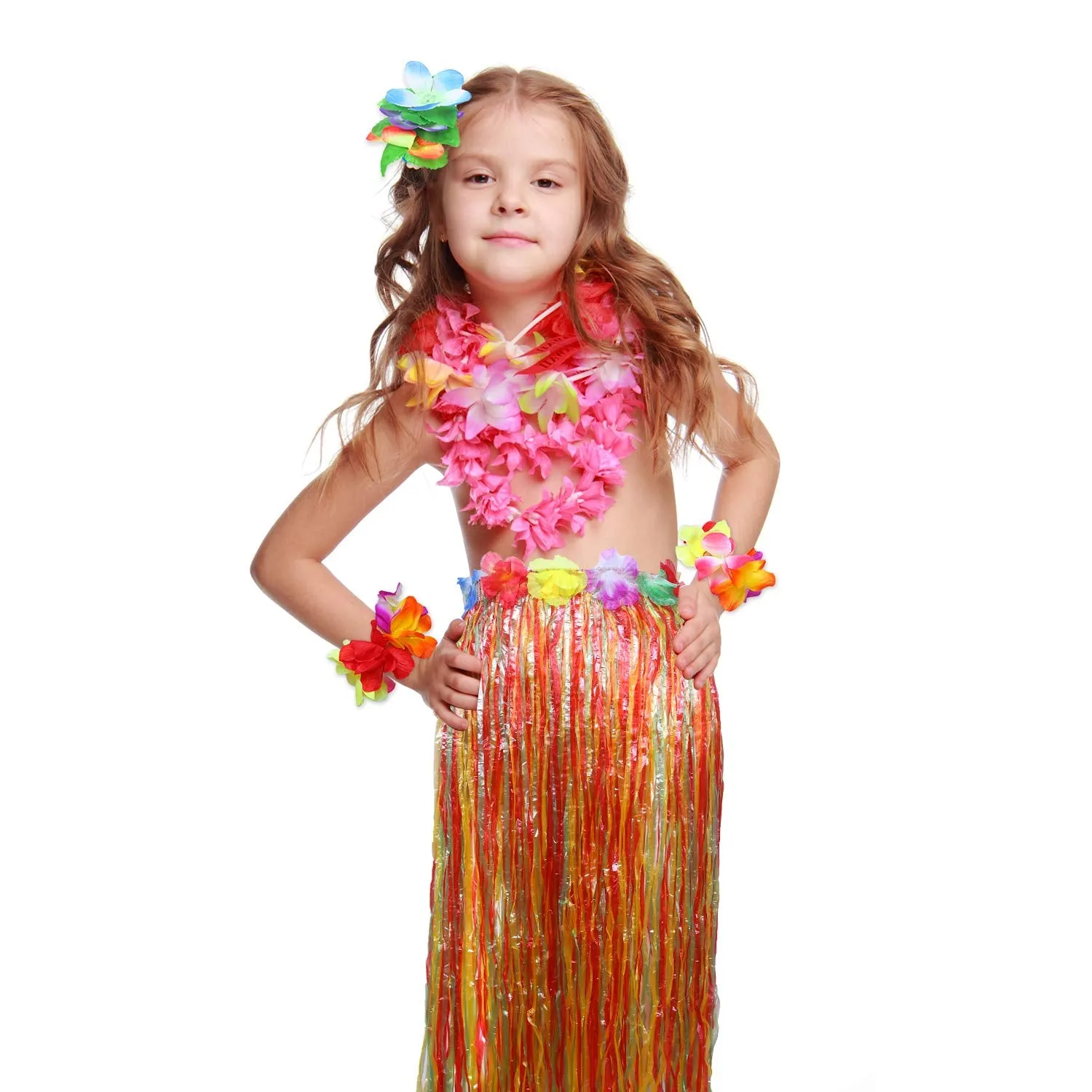 Elcoho 8 Pieces Grass Skirt Sunglasses Leis Necklace Bracelet Set Luau Decorations for Kids and Adults