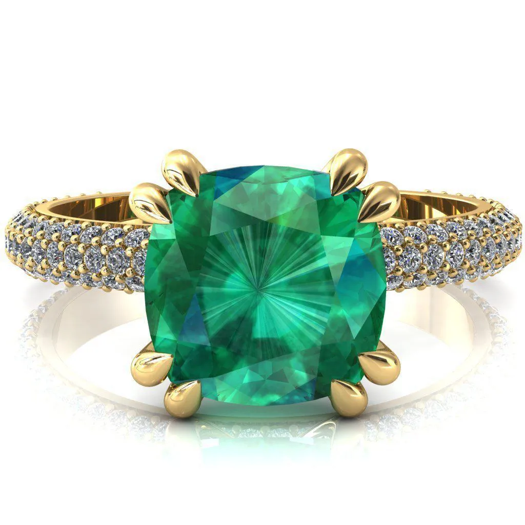 Elley Cushion Emerald 4 Claw Prong Diamond Accent Engagement Ring