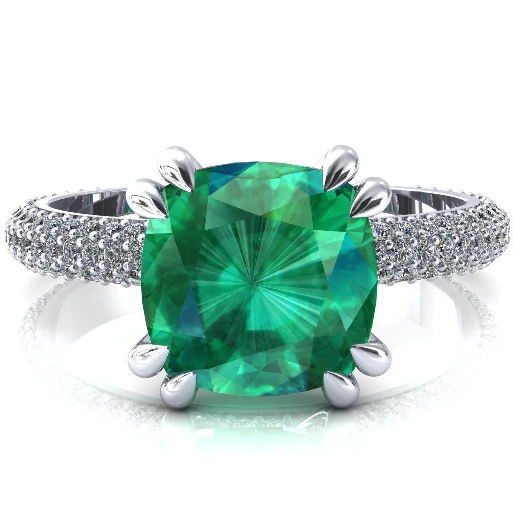 Elley Cushion Emerald 4 Claw Prong Diamond Accent Engagement Ring