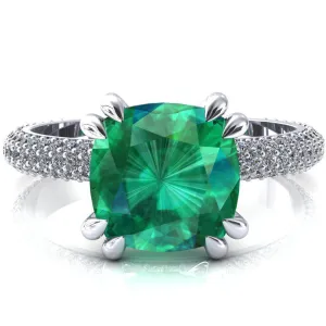 Elley Cushion Emerald 4 Claw Prong Diamond Accent Engagement Ring