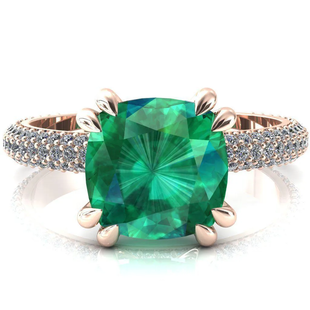Elley Cushion Emerald 4 Claw Prong Diamond Accent Engagement Ring