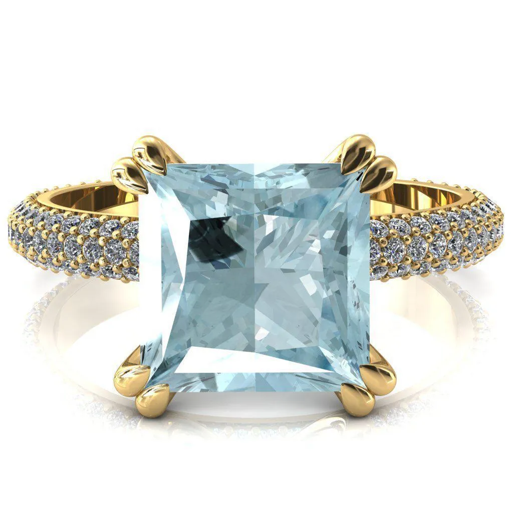 Elley Princess Aqua Blue Spinel 4 Claw Prong Diamond Accent Engagement Ring