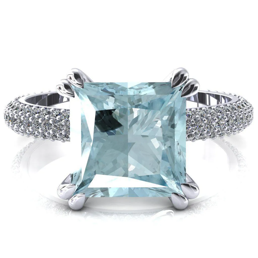 Elley Princess Aqua Blue Spinel 4 Claw Prong Diamond Accent Engagement Ring