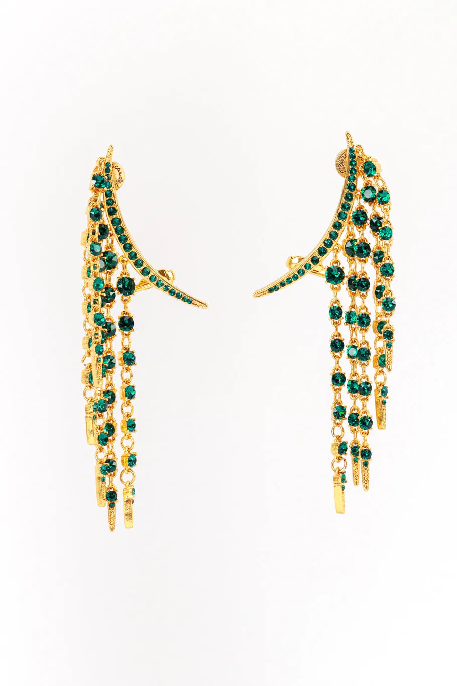 Emerald Crescent Moon & Falling Stars Crawler Earrings