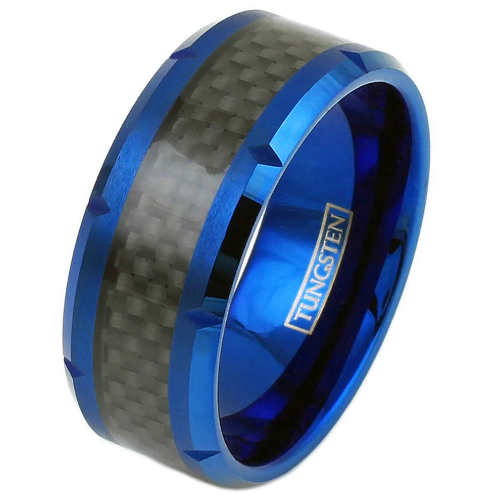 Extra-Wide 10mm Royal Blue Flat Band Tungsten Ring w/ Notched Beveled Edges and Black Faux Carbon Fiber Inlay.