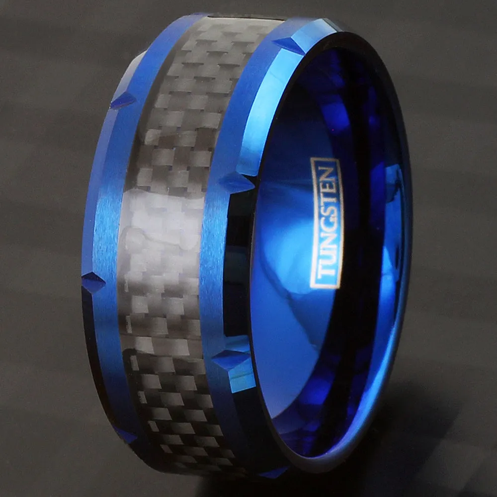 Extra-Wide 10mm Royal Blue Flat Band Tungsten Ring w/ Notched Beveled Edges and Black Faux Carbon Fiber Inlay.