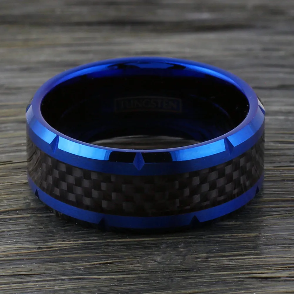 Extra-Wide 10mm Royal Blue Flat Band Tungsten Ring w/ Notched Beveled Edges and Black Faux Carbon Fiber Inlay.