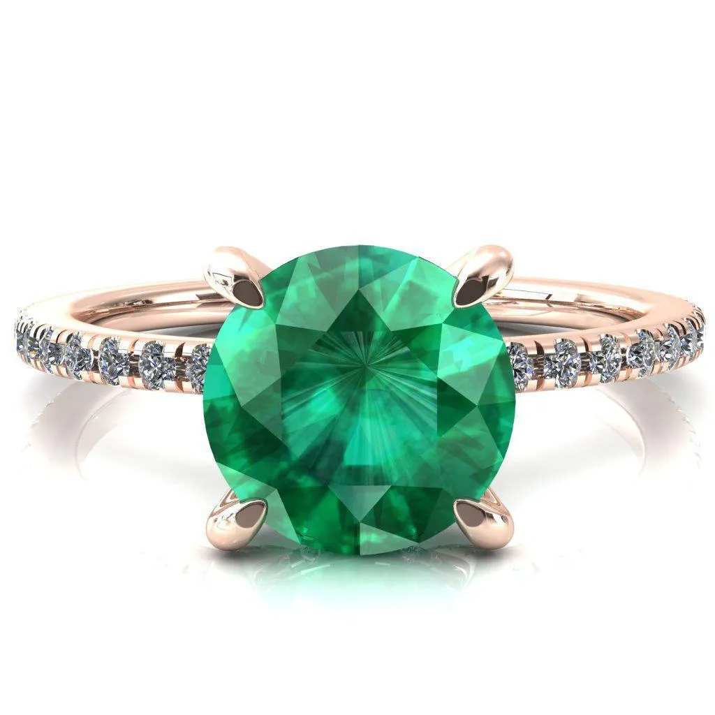 Ezili Round Emerald 4 Claw Prong Micro Pave Diamond Sides Engagement Ring