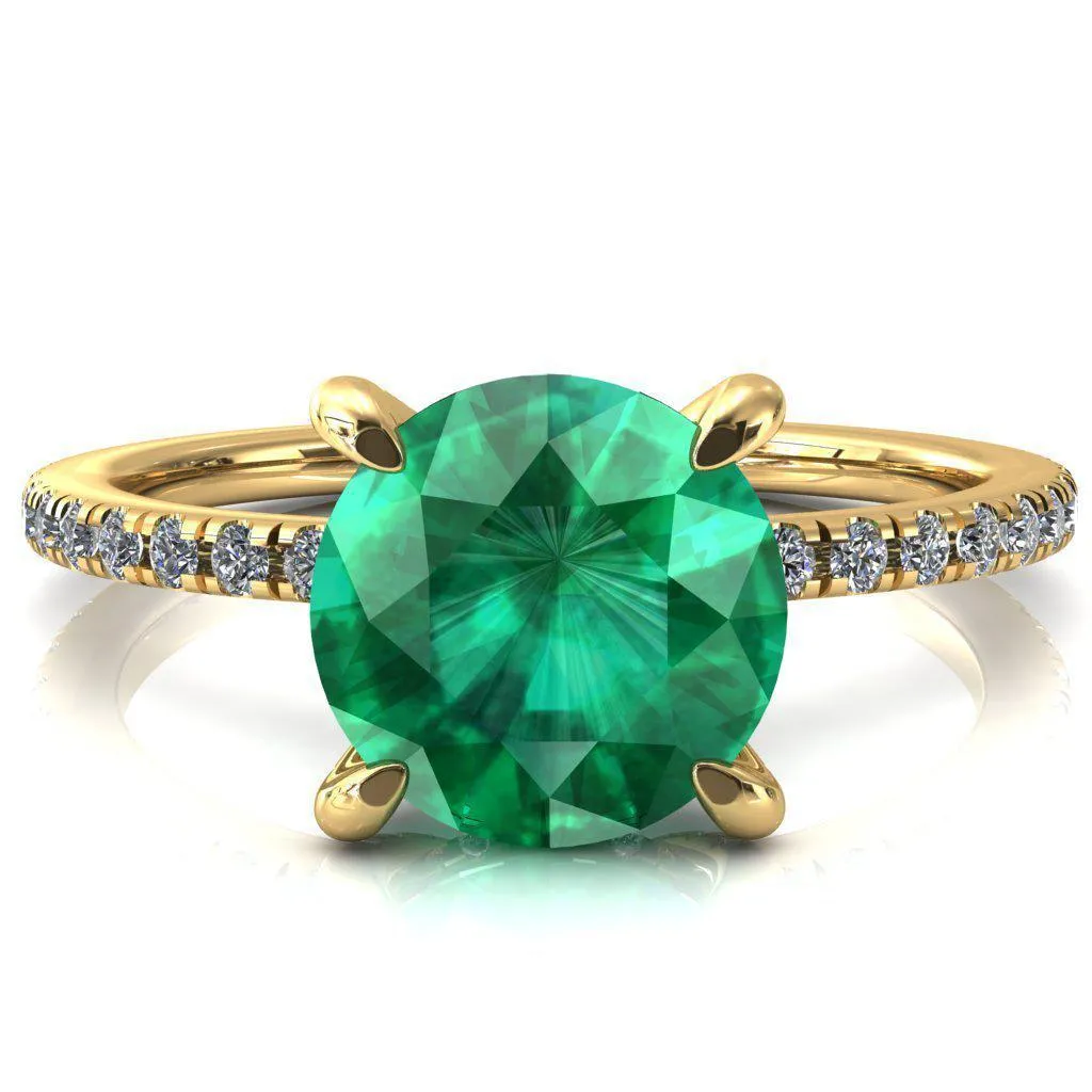Ezili Round Emerald 4 Claw Prong Micro Pave Diamond Sides Engagement Ring