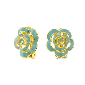 Fashion Enamel 3D Blue Rose Flower Clip On Earrings Button Style Gold Plated