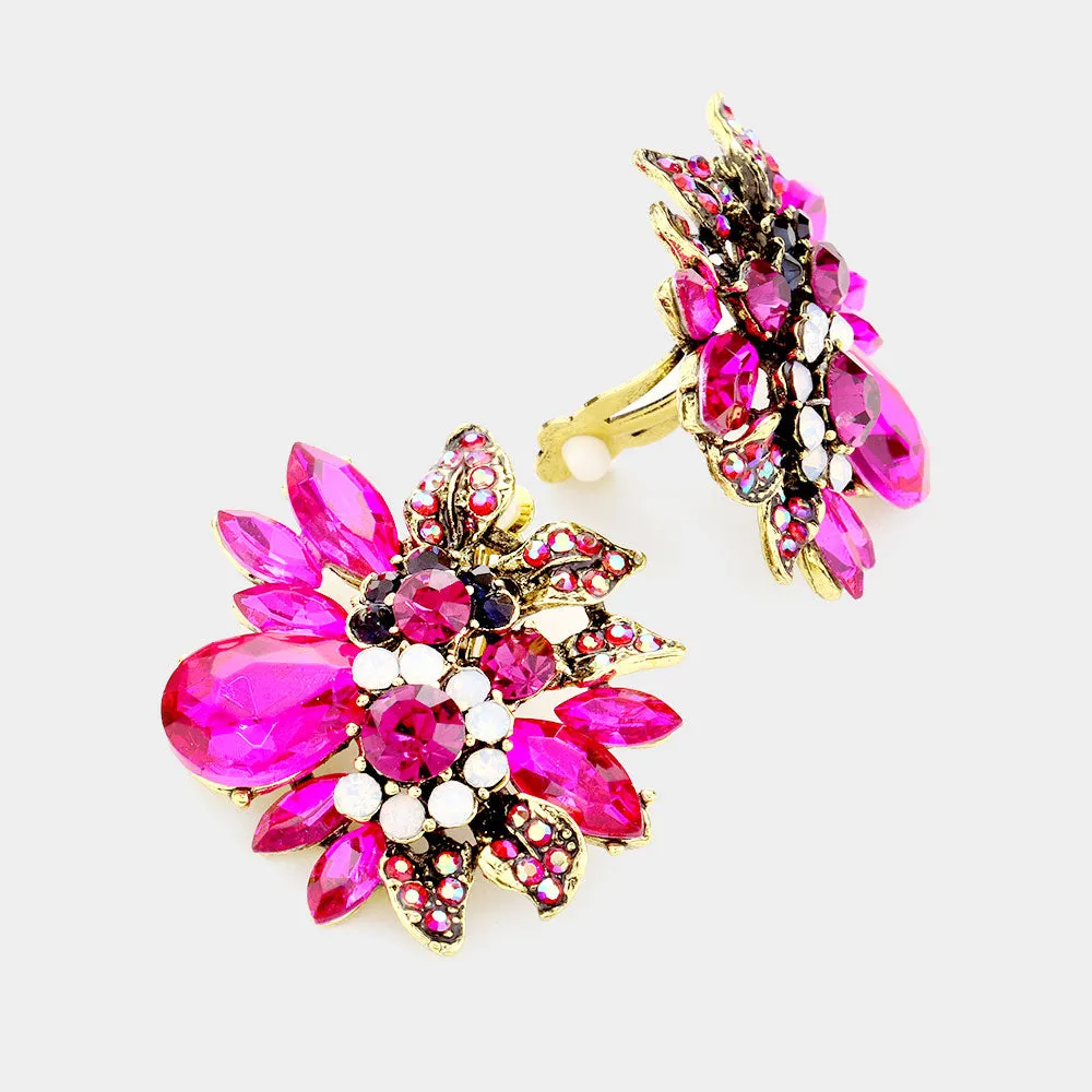 Floral Multi Stone Fuchsia Crystal Clip On Pageant Earrings | Interview Earrings | 502711