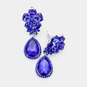 Flower Blue Crystal Teardrop Dangle Clip on Earrings