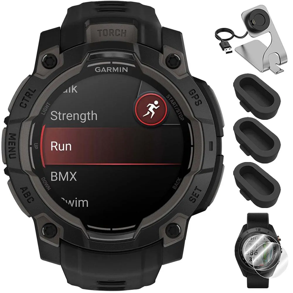 Garmin Instinct 3 - 45 mm GPS Smartwatch AMOLED Black with Charging Dock Bundle