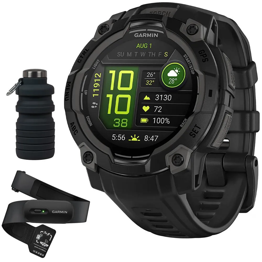 Garmin Instinct 3 45mm Outdoor GPS Smartwatch, AMOLED, Black w/ HRM 200 (XS-S) Bundle