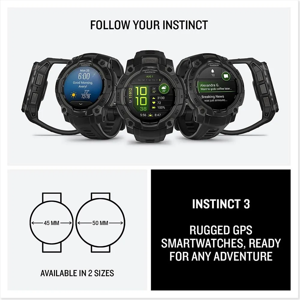 Garmin Instinct 3 45mm Outdoor GPS Smartwatch, AMOLED, Black w/ HRM 200 (XS-S) Bundle