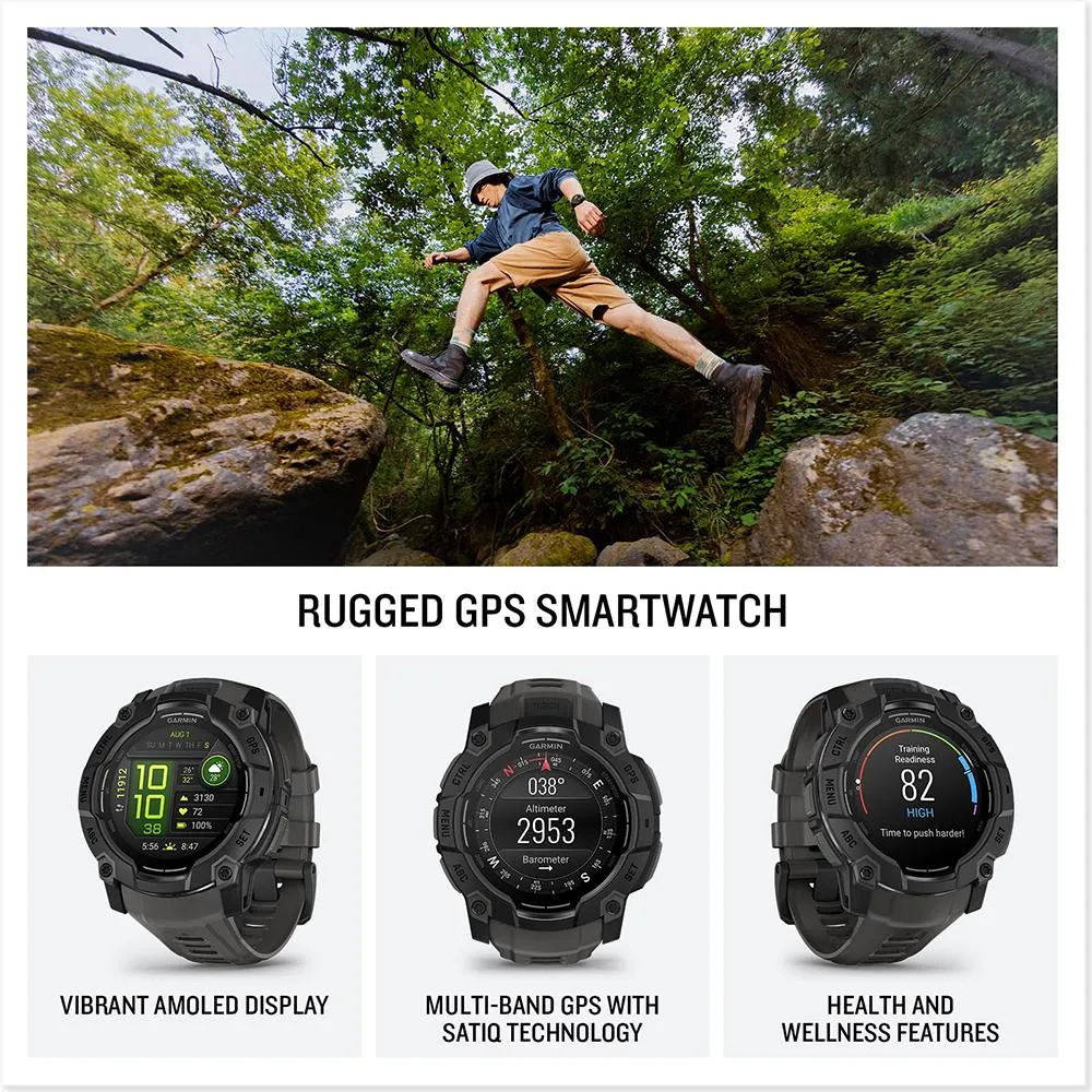 Garmin Instinct 3 - 50 mm GPS Smartwatch, AMOLED   Charging Dock   Protector Bundle
