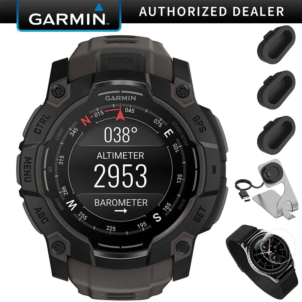 Garmin Instinct 3 - 50 mm GPS Smartwatch, AMOLED   Charging Dock   Protector Bundle