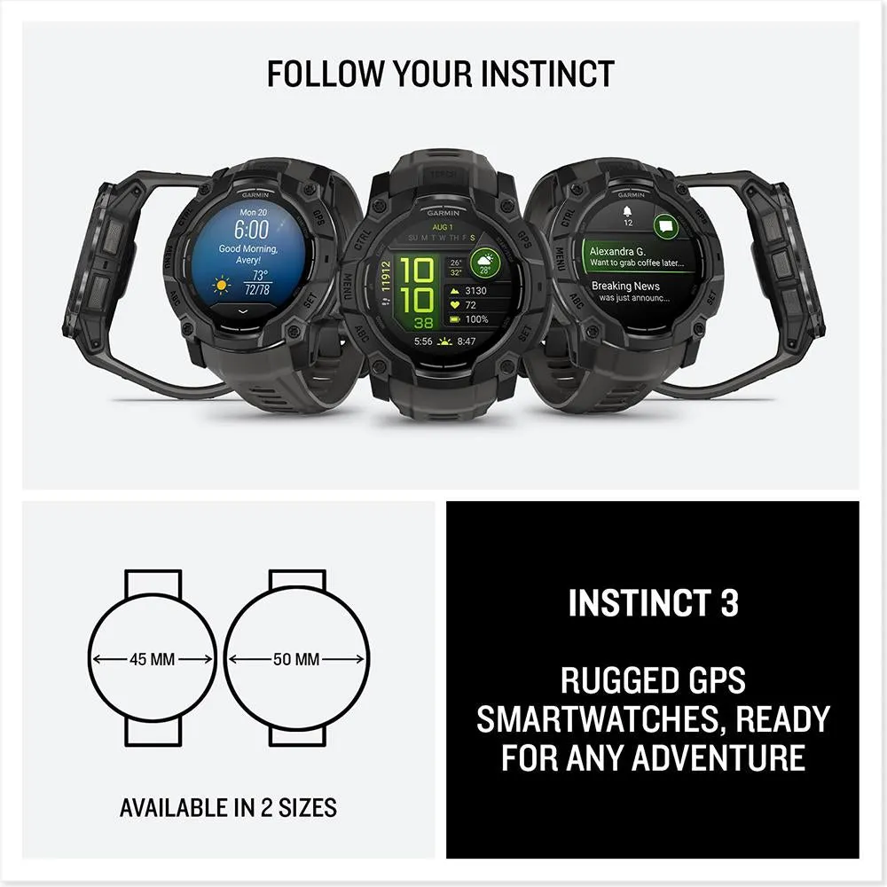 Garmin Instinct 3 - 50 mm GPS Smartwatch, AMOLED   Charging Dock   Protector Bundle