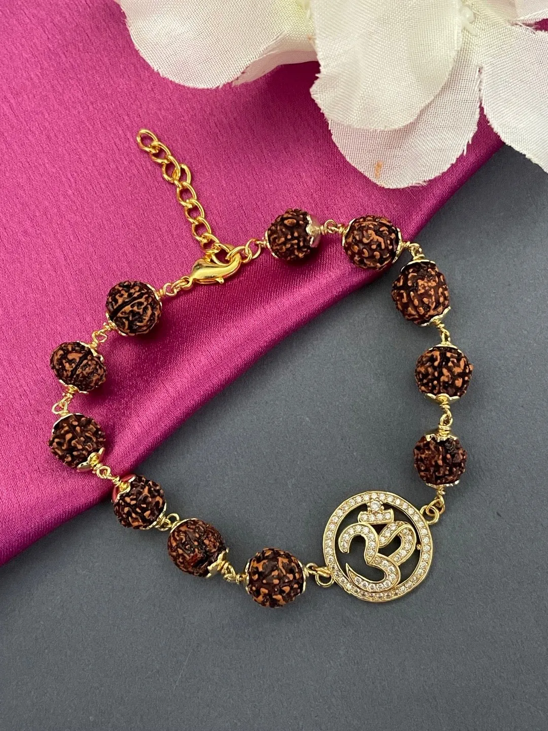Gold AD Round OM Pendant Mens Rudraksha Bracelet