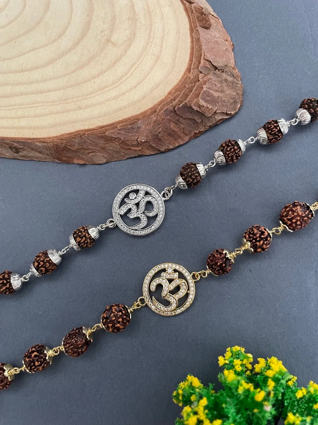 Gold AD Round OM Pendant Mens Rudraksha Bracelet